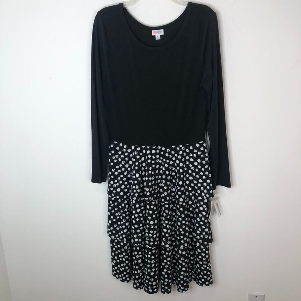 LuLaRoe Women's XL Long Sleeve Dress Black & White Polka Dot Tiered Skirt